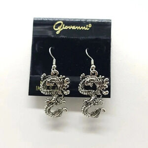 Giovanni Silver Tone Ornate Tibetan Dragon Dangle Earrings